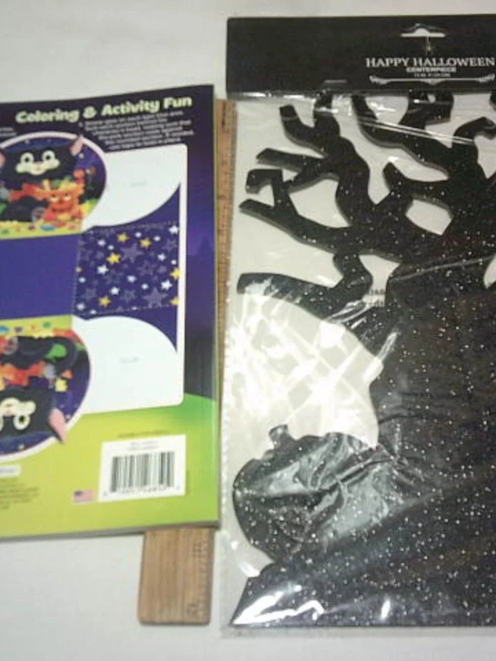 NEW KIDS SPOOKY COLOR & ACTIVITY BOOK & BLK GLITTER HALLOWEEN CENTERPIECE TREE